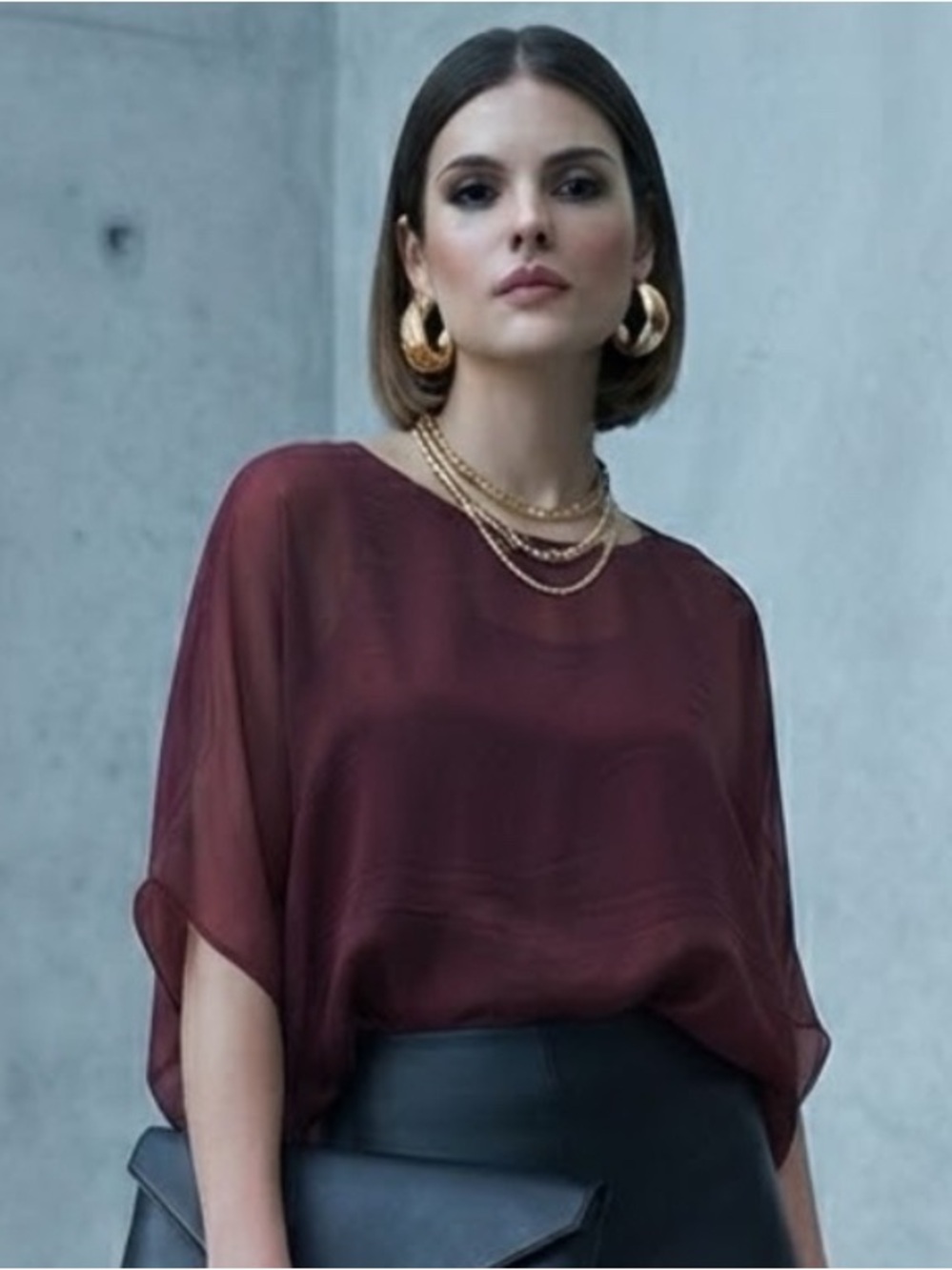 Made in Italy 100% Sillk Deep Red / Maroon Layered Oversize Elastic Waist Blouse